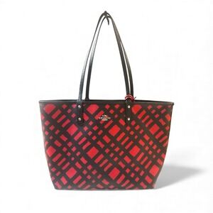 Coach Reversible Tote Bag Red Black Graphic Print Leather Interior Pouch